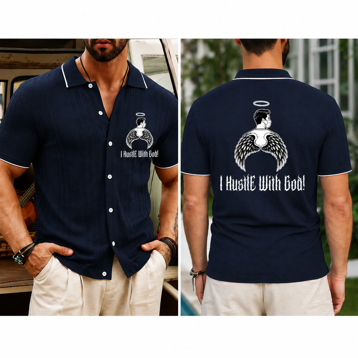 Hustle With God” Angel Wings Graphic Polo Shirt