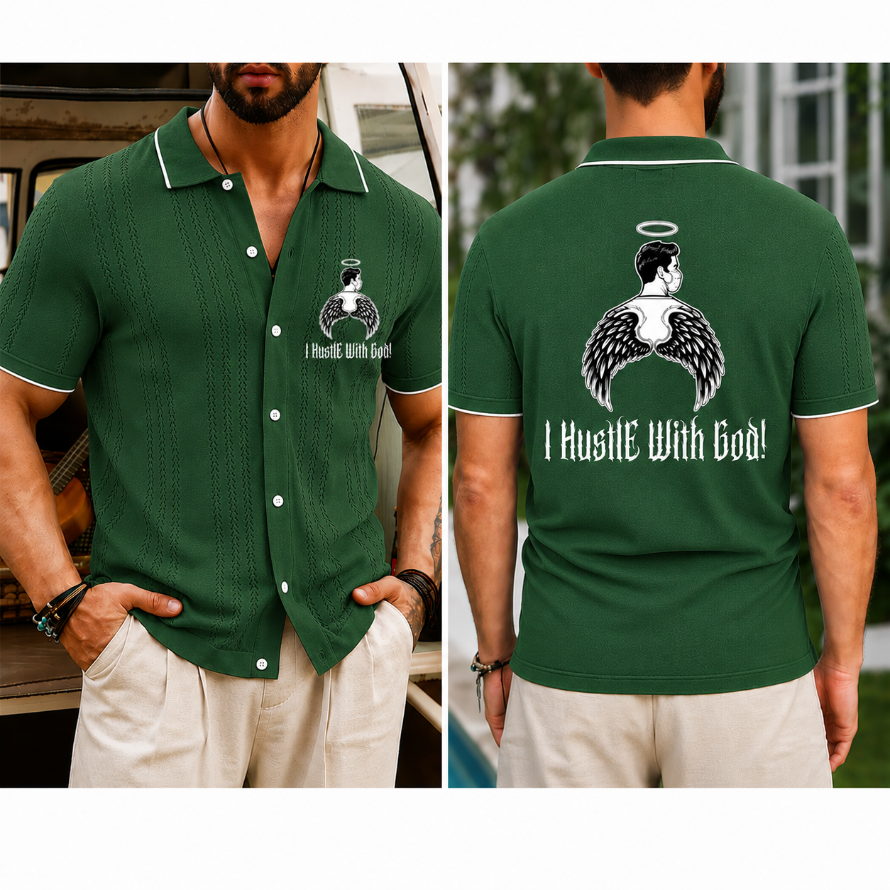 Hustle With God” Angel Wings Graphic Polo Shirt