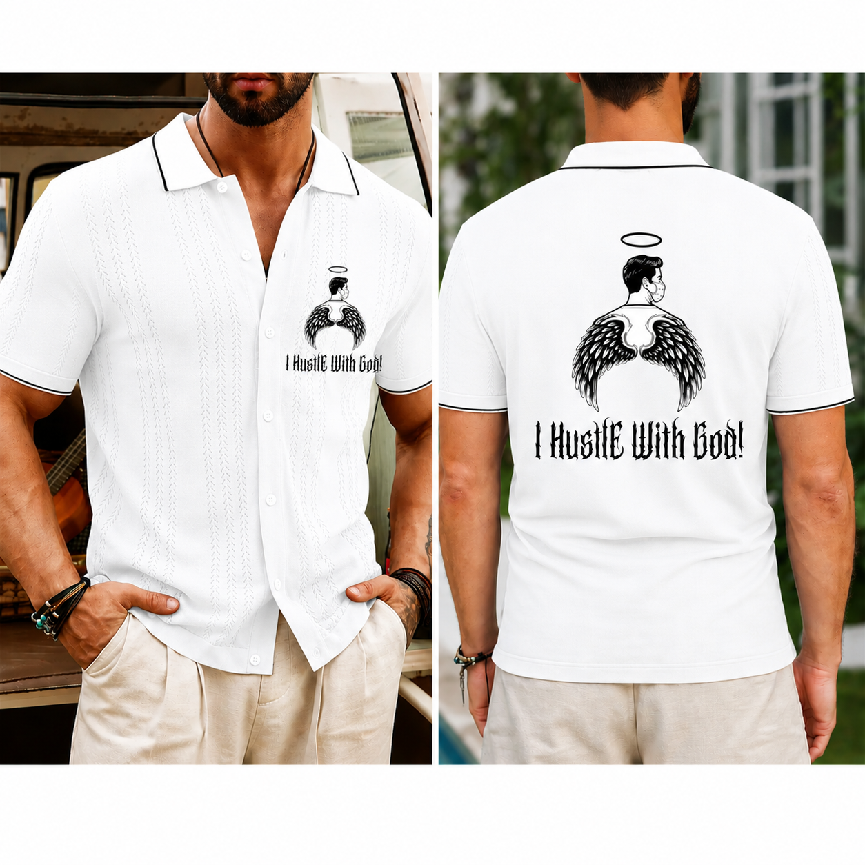 Hustle With God” Angel Wings Graphic Polo Shirt