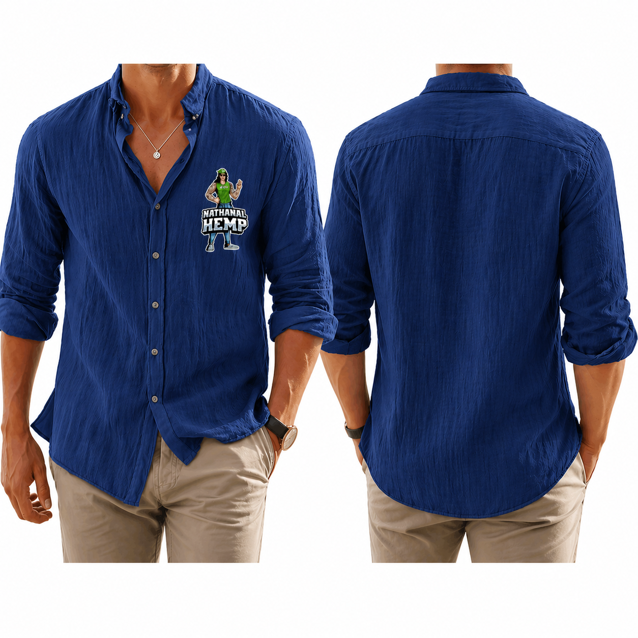 Nathanal Hemp Logo Linen Button Casual Shirt
