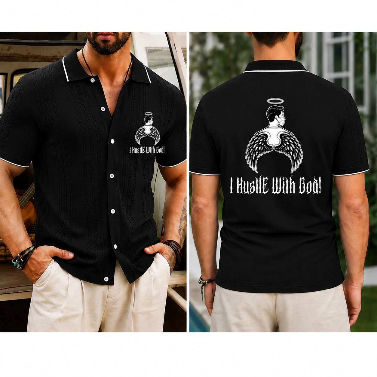 Hustle With God” Angel Wings Graphic Polo Shirt