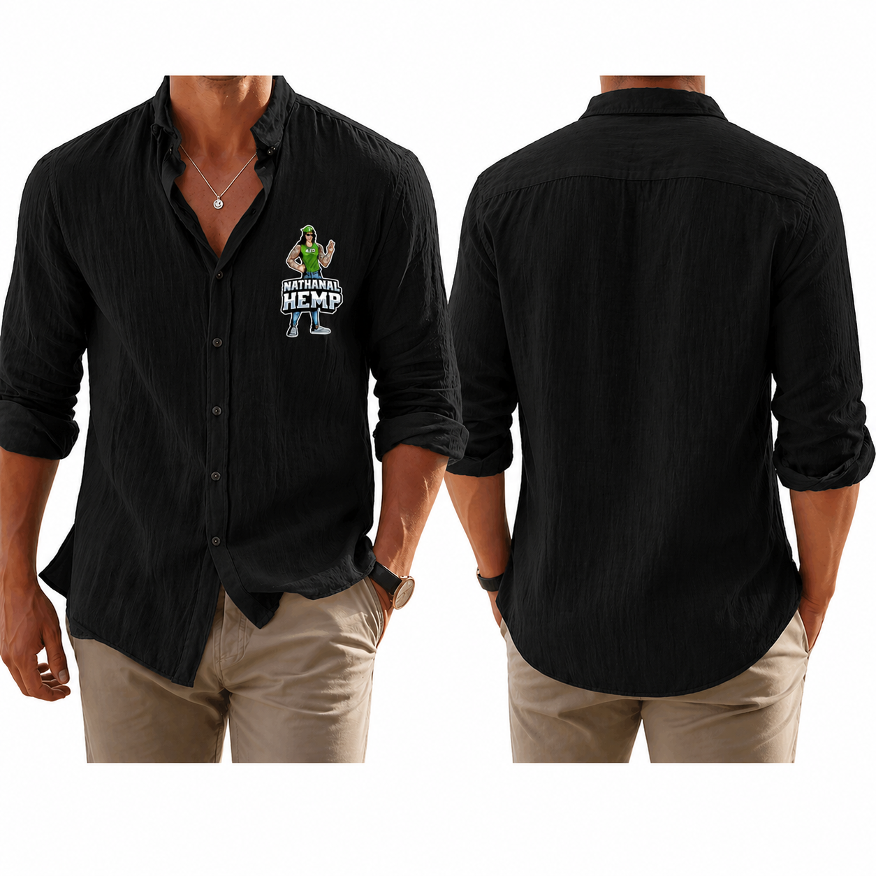 Nathanal Hemp Logo Linen Button Casual Shirt