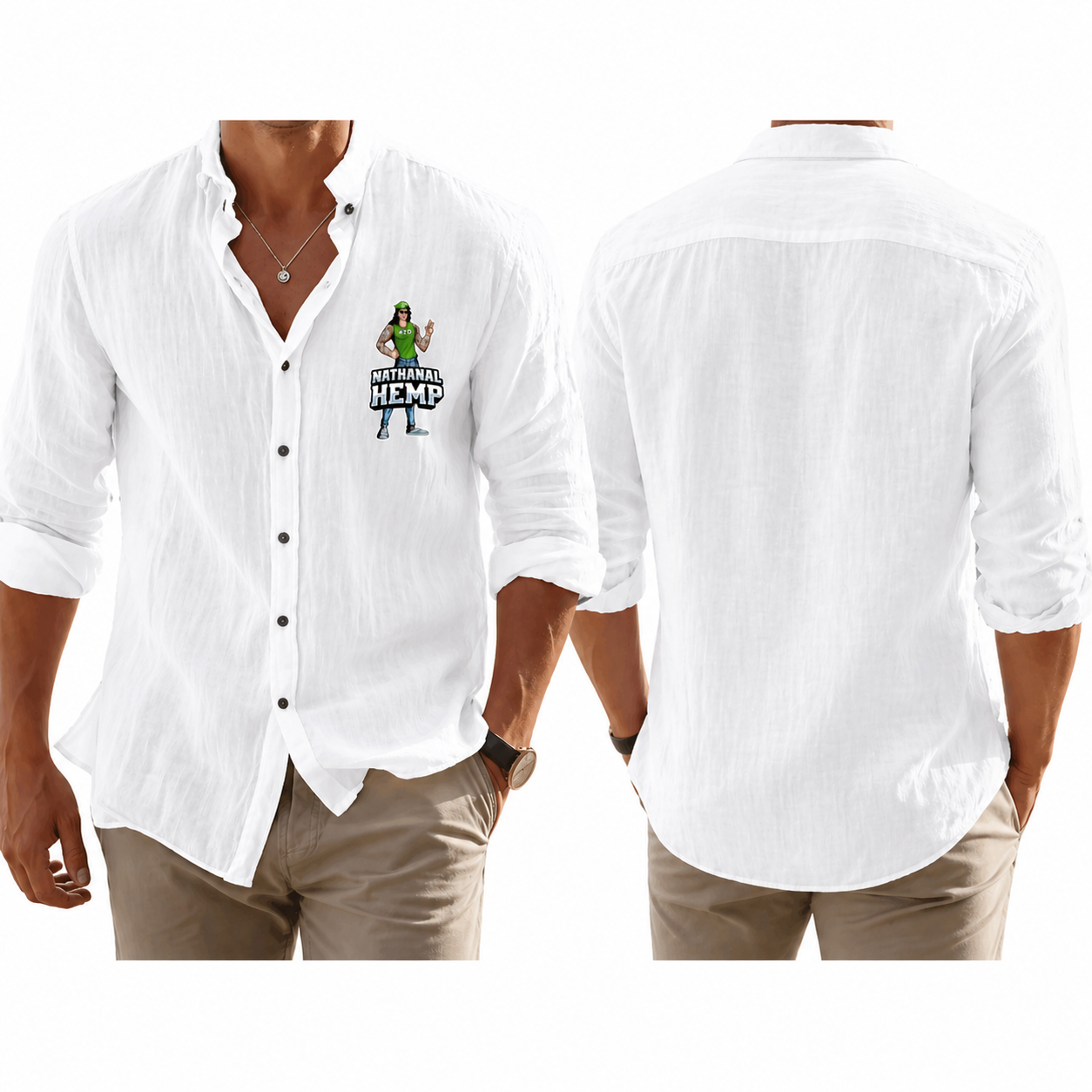 Nathanal Hemp Logo Linen Button Casual Shirt