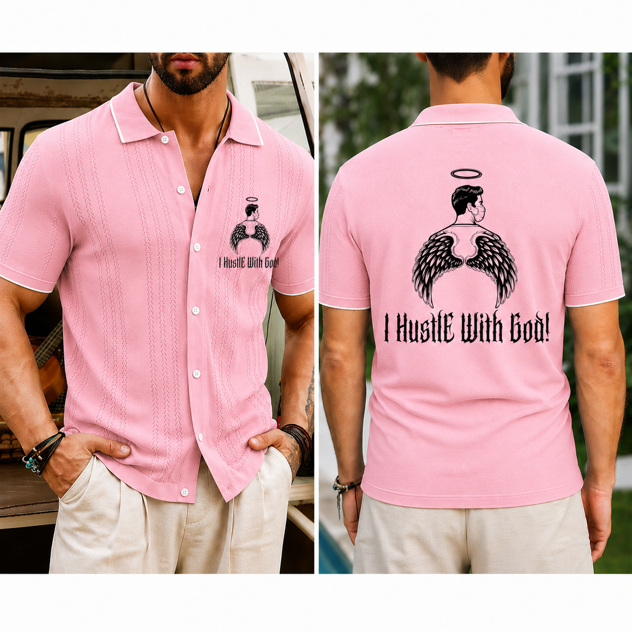 Hustle With God” Angel Wings Graphic Polo Shirt